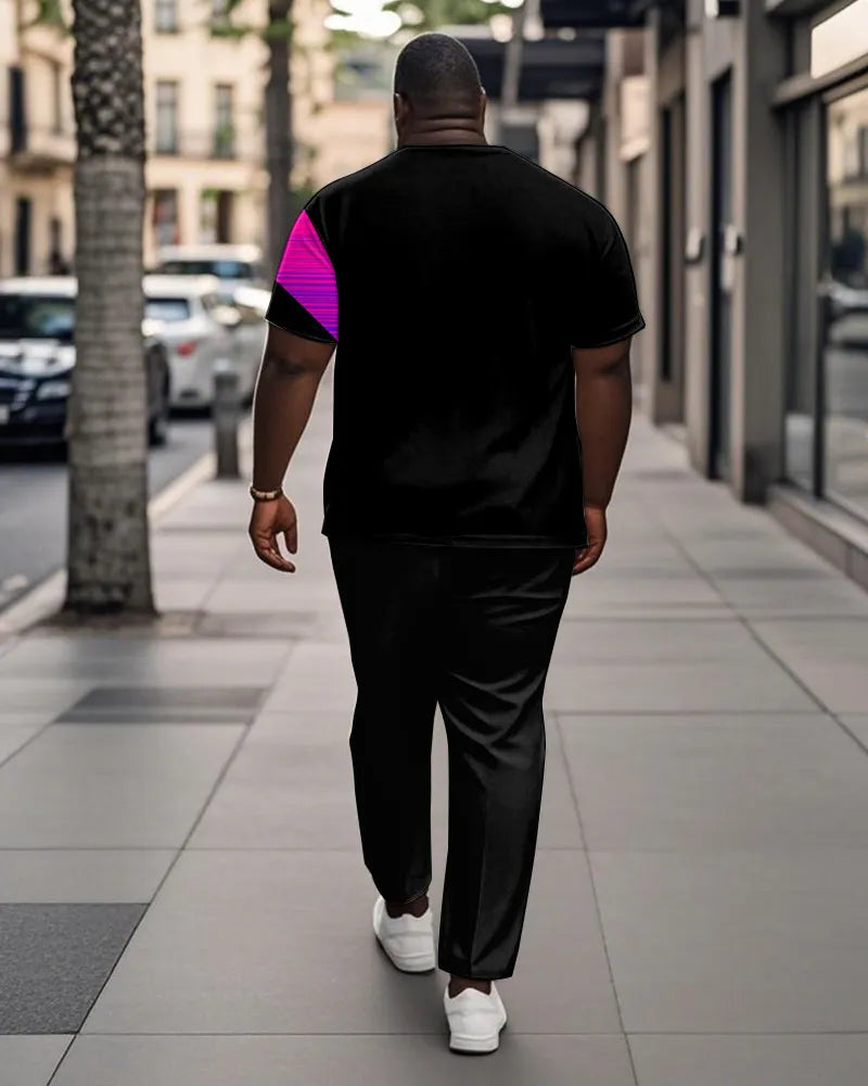 Big & Tall Blue Pink Colorblock T-Shirt Pants Set for big men view 4