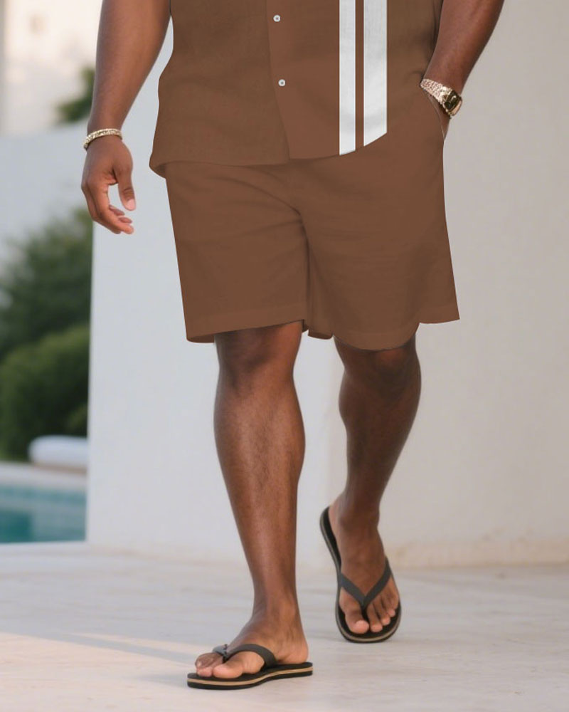 Big & Tall White Brown Colorblock T-Shirt Shorts Set for big men view 3