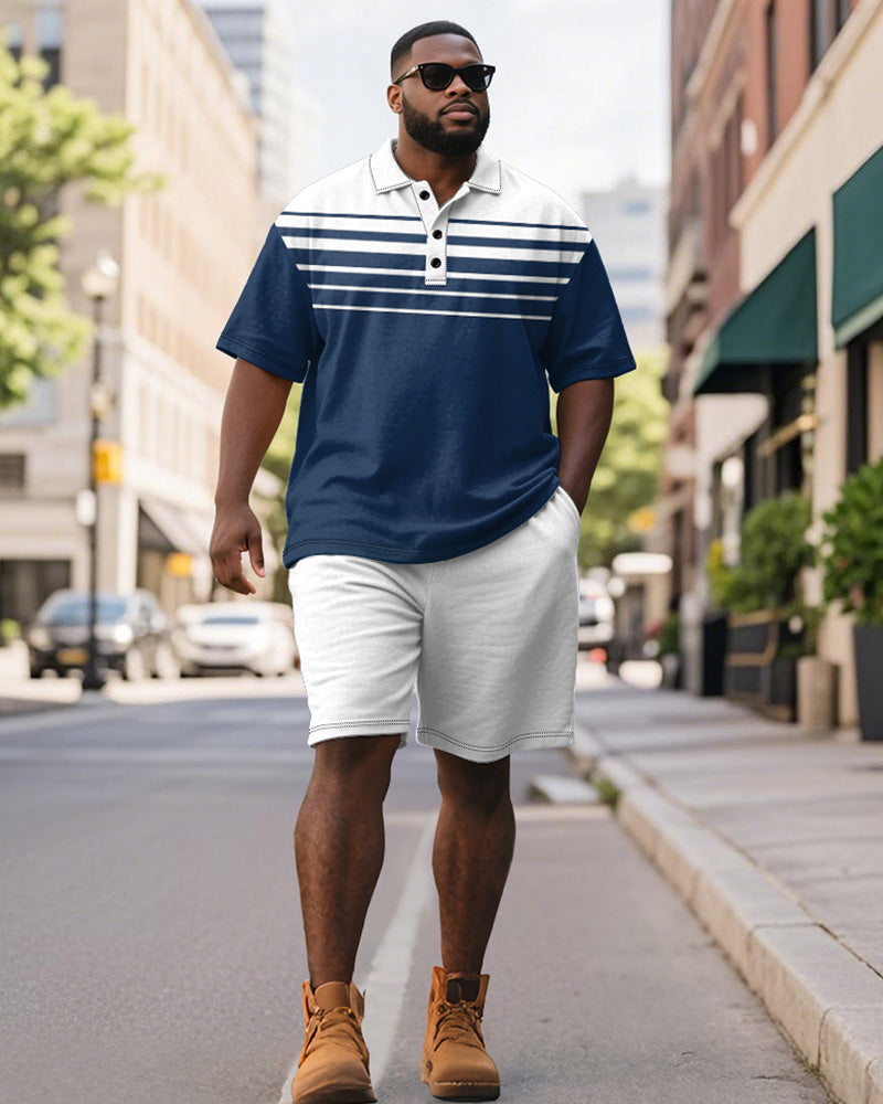 Big & Tall Blue Striped Graphic Polo Shorts Set for big men view 1