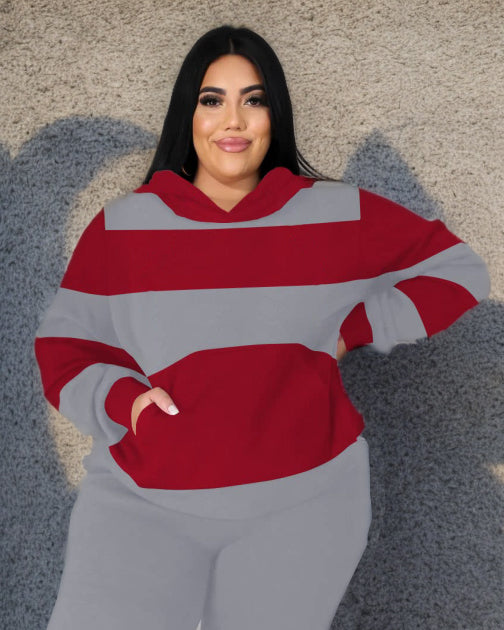 Big & Tall Red Gray Striped Hoodie Sweatpants Set for big men view 2