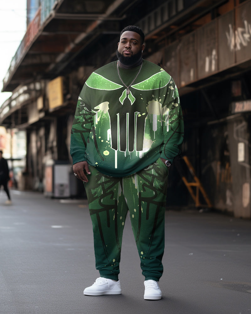 Big & Tall Green Graffiti Skull Hoodie Sweatpants Set for big men view 1