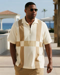 Big & Tall Beige Geometric Striped Polo Shirt for big men