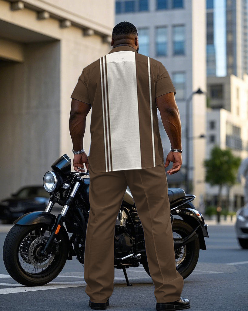 Big & Tall White Brown Colorblock T-Shirt Pants Set for big men view 4
