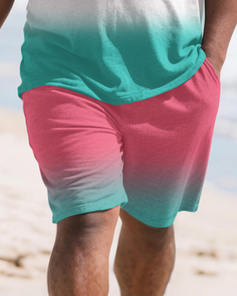 Big & Tall Pink Hawaiian Gradient T-Shirt Shorts Set for big men view 3