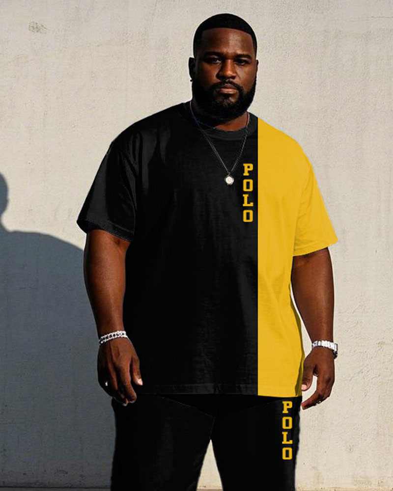 Big & Tall Black Yellow Colorblock T-Shirt Pants Set for big men view 2