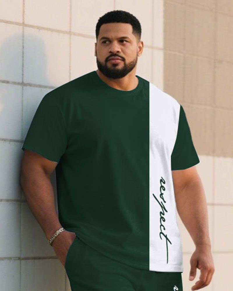 Big & Tall White Green Colorblock T-Shirt Shorts Set for big men view 2