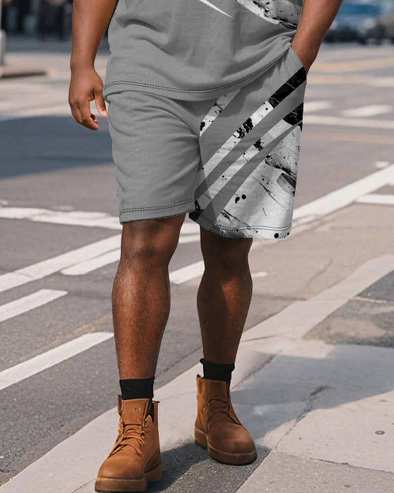 Big & Tall Gray Geometric Graphic Polo Shorts Set for big men view 4