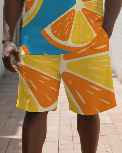 Big & Tall Orange Streetwear Polo Shorts Set for big men view 3
