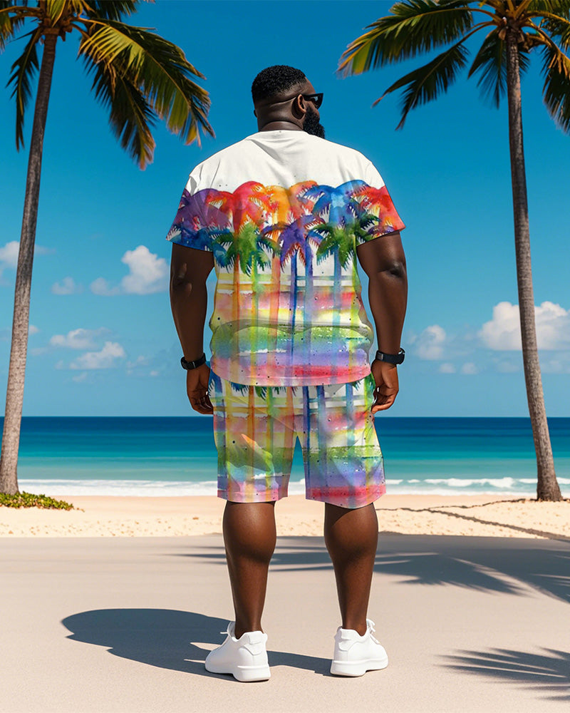 Big & Tall Hawaiian Plaid Graphic T-Shirt Shorts Set for big men view 4