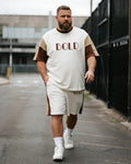 Big & Tall White Khaki Graphic T-Shirt Shorts Set for big men view 1