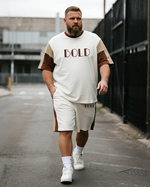 Big & Tall White Khaki Graphic T-Shirt Shorts Set for big men view 1
