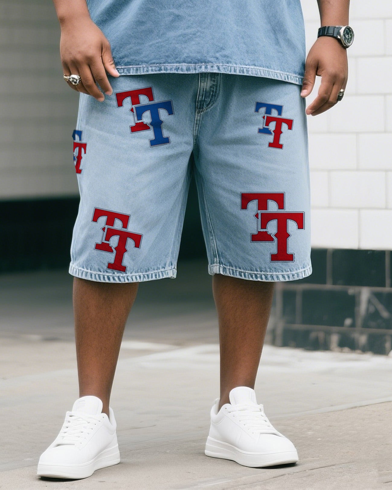 Big & Tall Denim Graphic T-Shirt Shorts Set for big men view 3