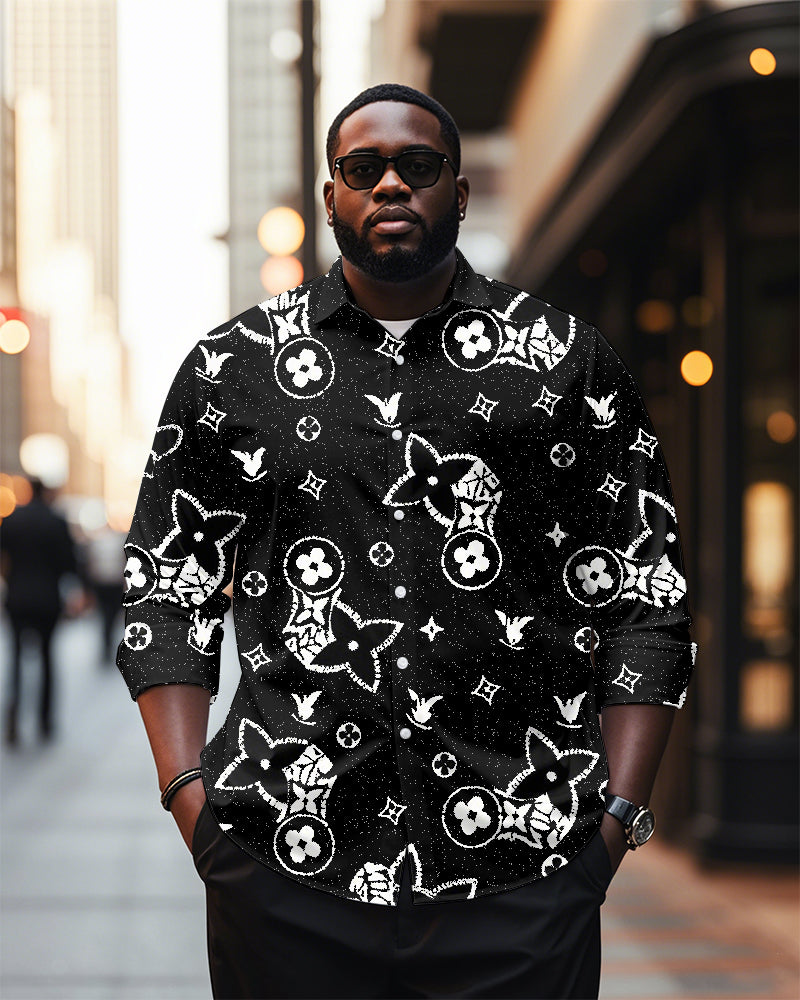 Big & Tall Black White Geometric Long Sleeve Shirt for big men view 1