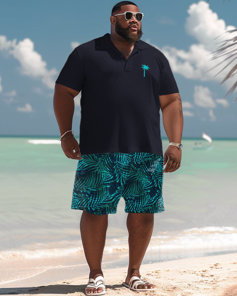 Big & Tall Hawaiian Tropical Graphic Polo Shorts Set for big men view 1
