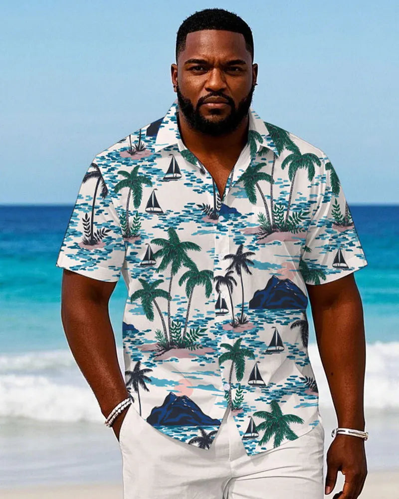 Big & Tall White Hawaiian Graphic T-Shirt Shorts Set for big men view 2