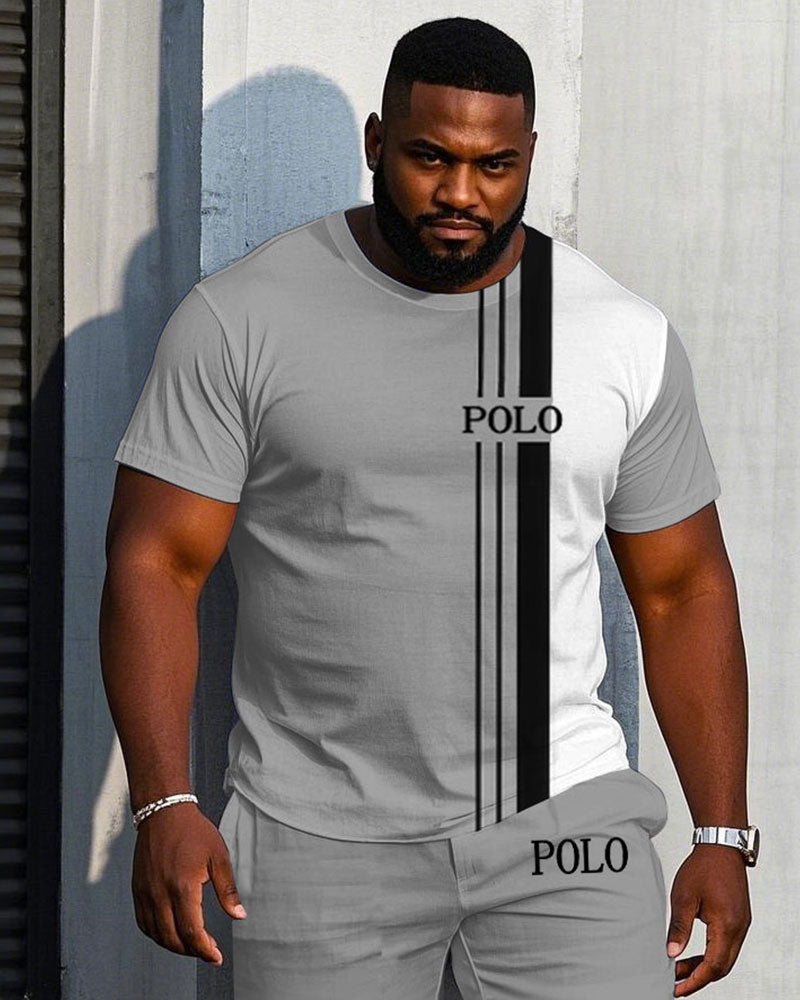 Big & Tall White Gray Colorblock T-Shirt Shorts Set for big men view 2