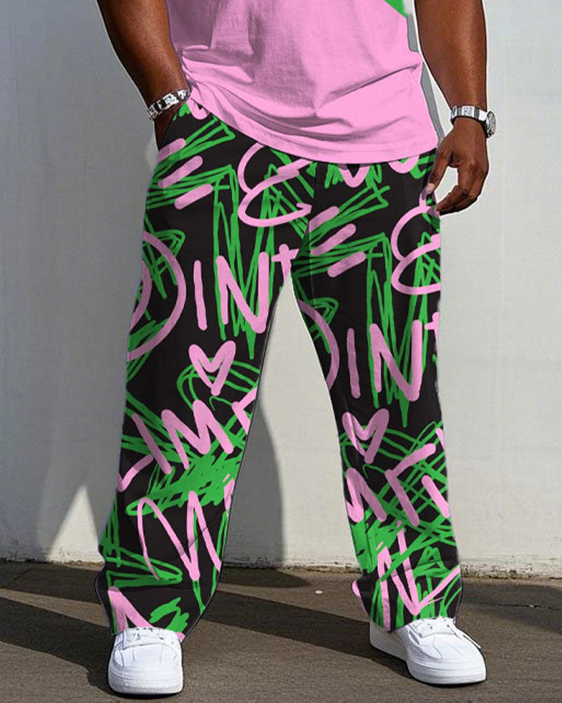 Big & Tall Green Pink Graffiti T-Shirt Pants Set for big men view 3