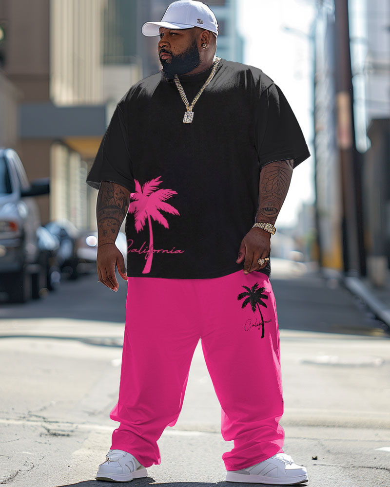 Big & Tall Pink Hawaiian Graphic T-Shirt Pants Set for big men view 1
