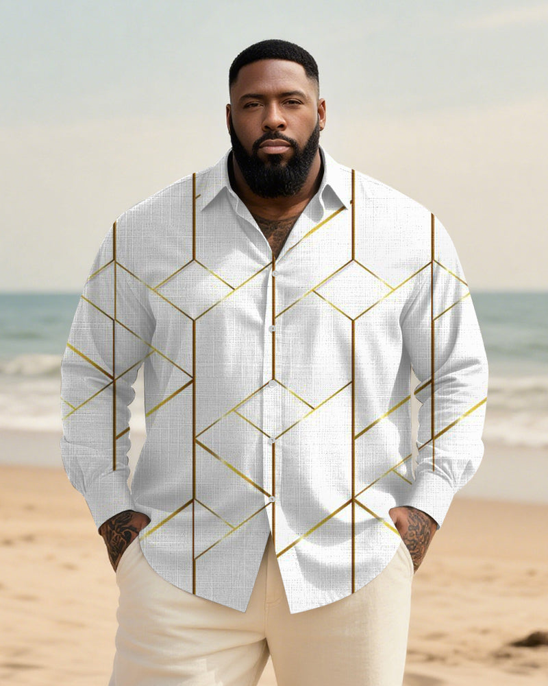 Big & Tall White Geometric Graphic Long Sleeve Shirt for big men view 1