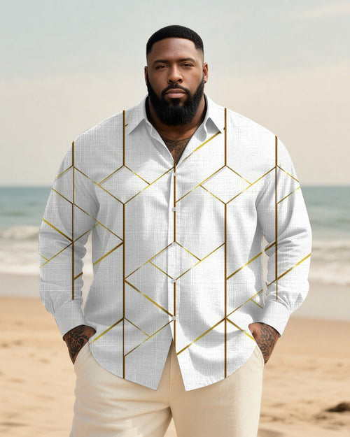 Big & Tall White Geometric Graphic Long Sleeve Shirt for big men view 1