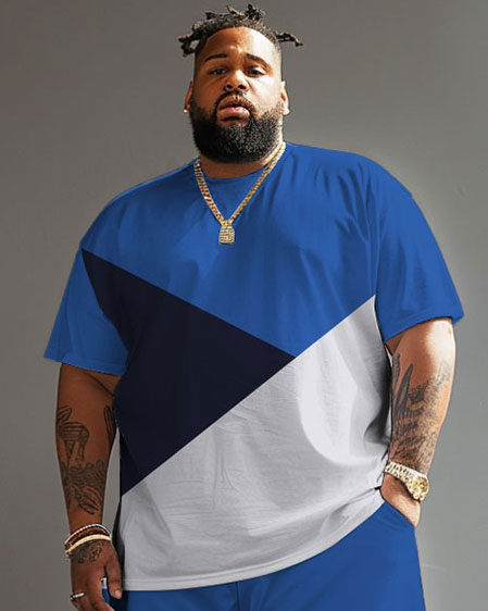 Big & Tall Blue Colorblock T-Shirt Shorts Set for big men view 3