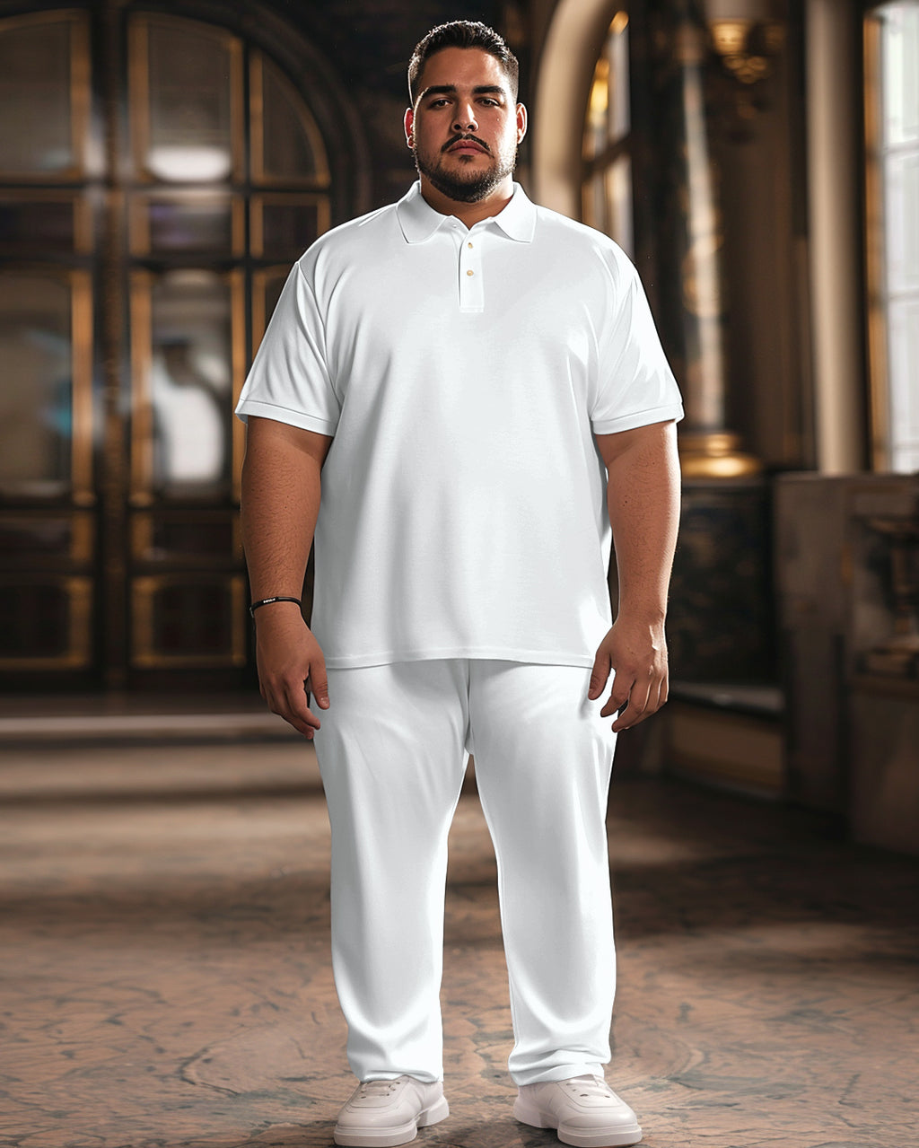 Big & Tall White Solid Color Polo Pants Set for big men view 1