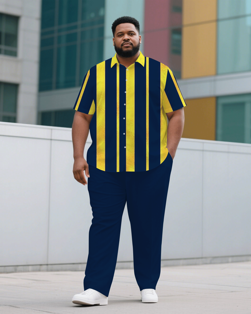 Big & Tall Blue Yellow Striped T-Shirt Pants Set for big men view 1