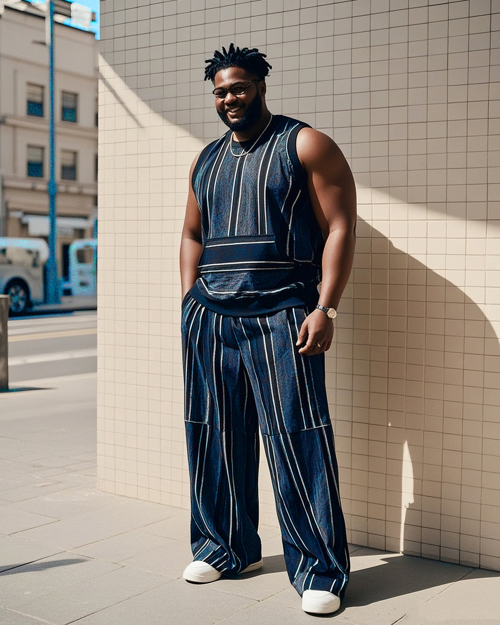 Big & Tall Striped Patchwork Vest Pants Set for big men view 2