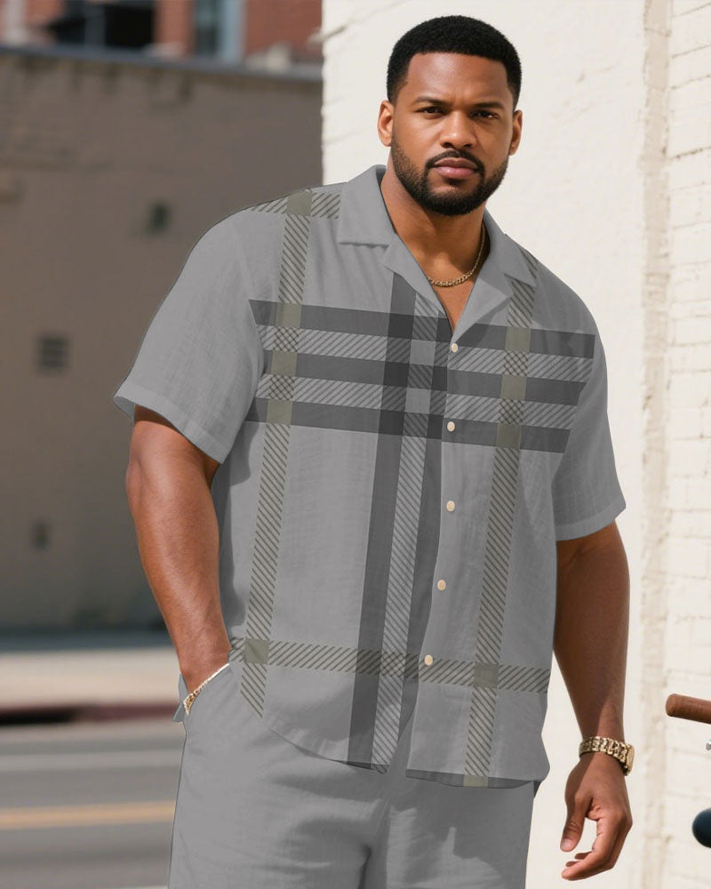 Big & Tall Gray Plaid T-Shirt Shorts Set for big men view 2