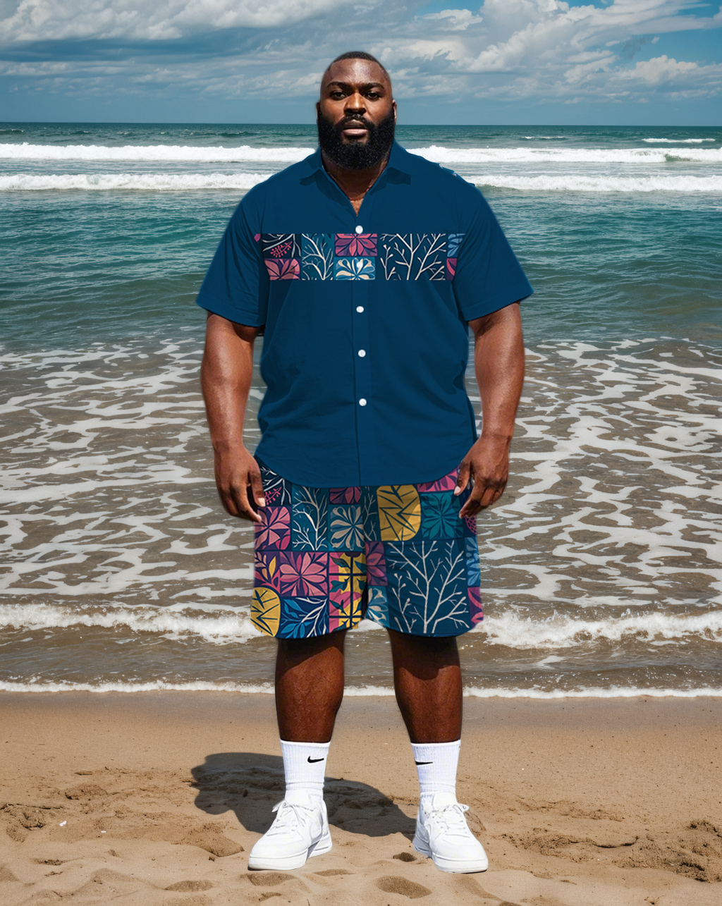 Big & Tall Colorblock Geometric T-Shirt Shorts Set for big men view 1