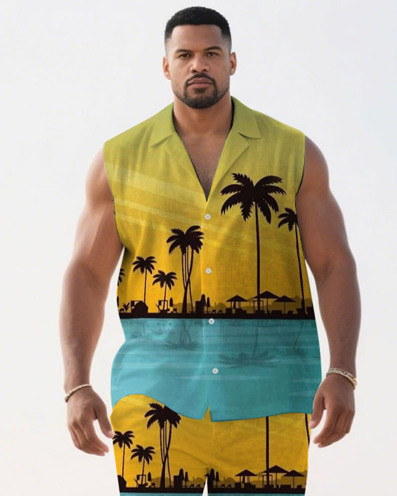 Big & Tall Blue Yellow Hawaiian Shirt Shorts Set for big men view 2