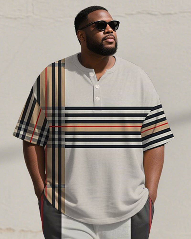 Big & Tall Khaki Colorblock Striped T-Shirt Pants Set for big men view 1