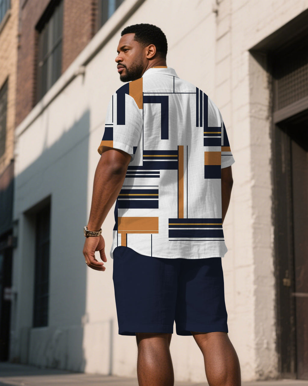 Big & Tall White Blue Geometric T-Shirt Shorts Set for big men view 4