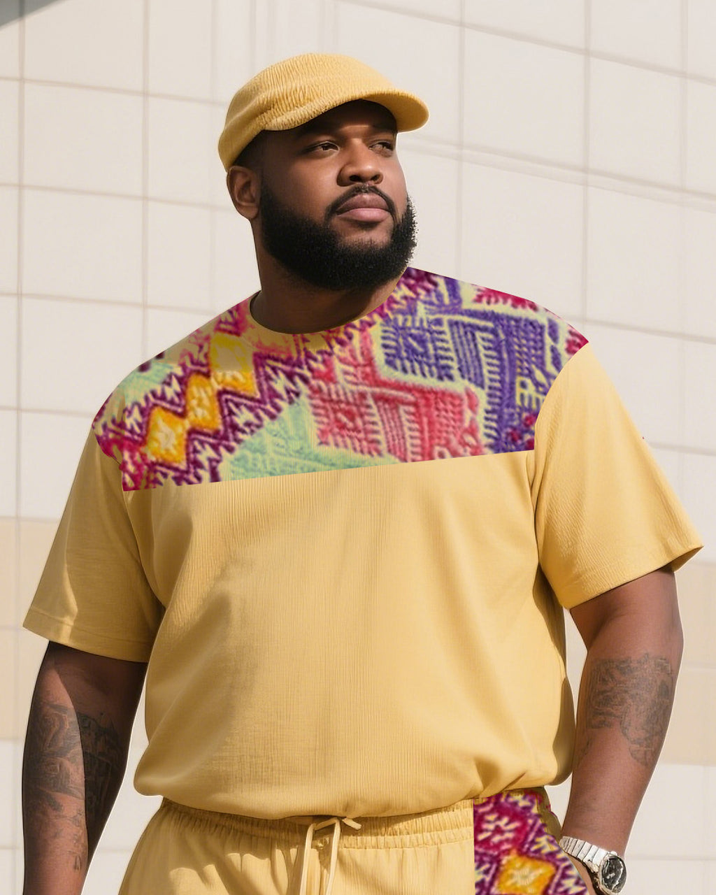Big & Tall Patchwork T-Shirt Shorts Set for big men view 2