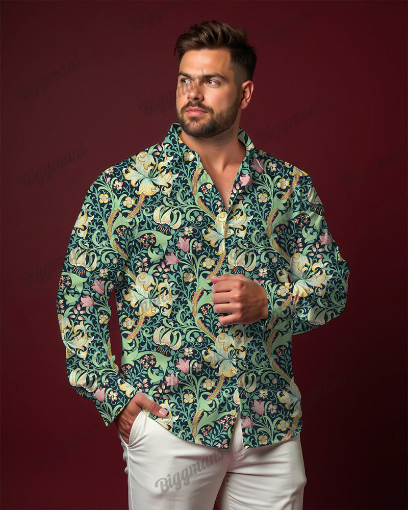 Big & Tall Green Hawaiian Long Sleeve Shirt for big men view 1