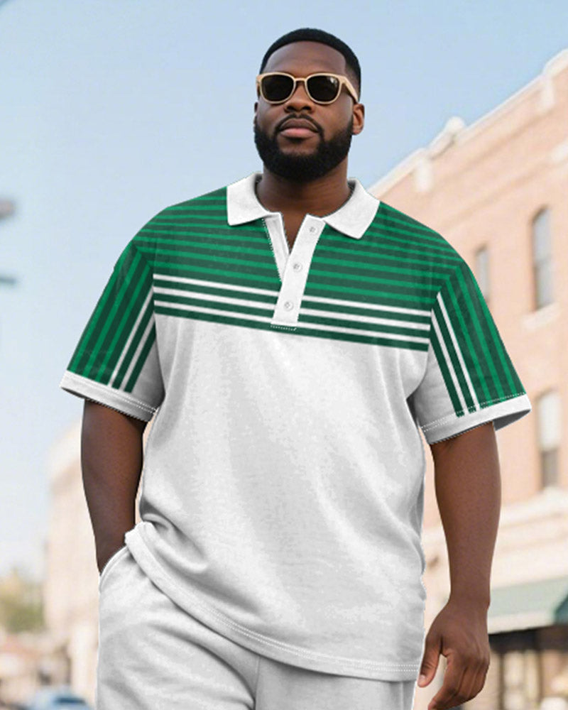 Big & Tall Green Gradient Striped Polo Shorts Set for big men view 3