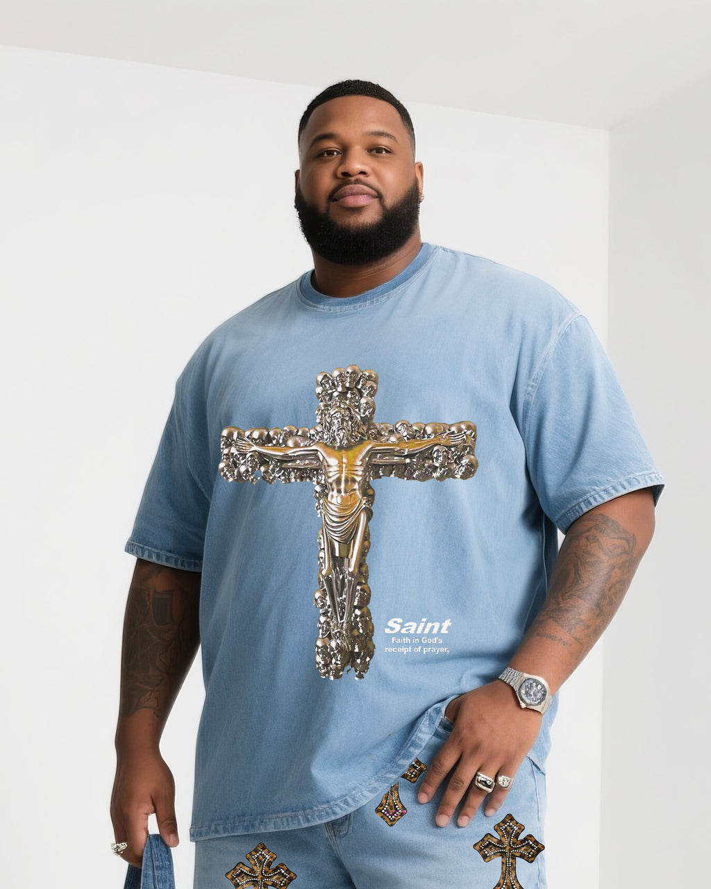 Big & Tall Denim Graphic T-Shirt Shorts Set for big men view 2