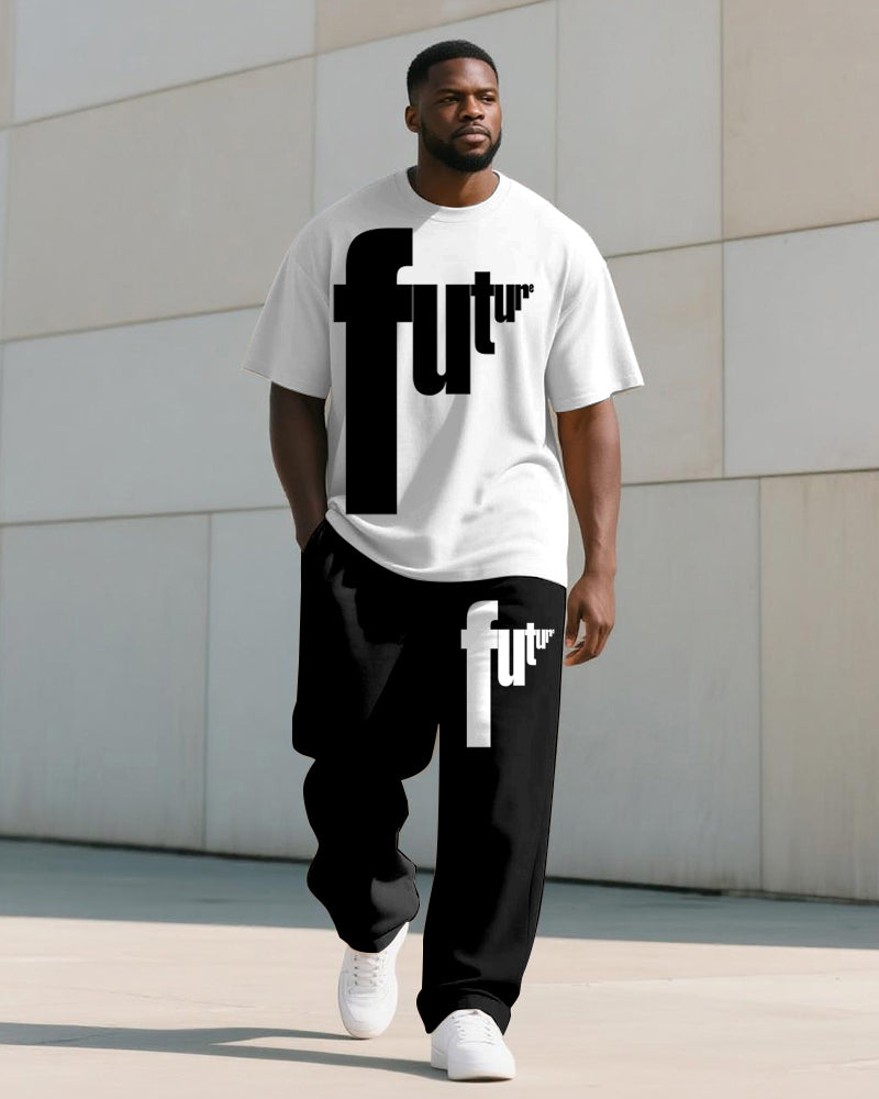 Big & Tall Black White Graphic T-Shirt Pants Set for big men view 1