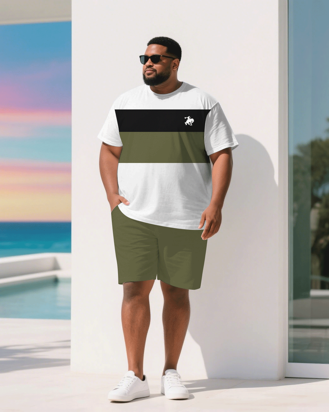 Big & Tall Black White Colorblock T-Shirt Shorts Set for big men view 1