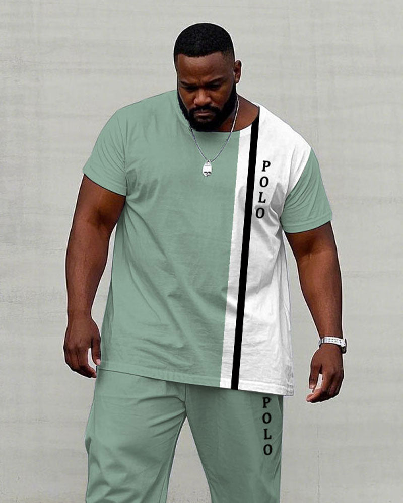 Big & Tall White Green Colorblock T-Shirt Pants Set for big men view 2