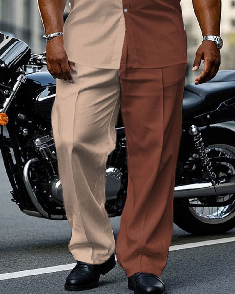 Big & Tall Brown Khaki Colorblock T-Shirt Pants Set for big men view 3