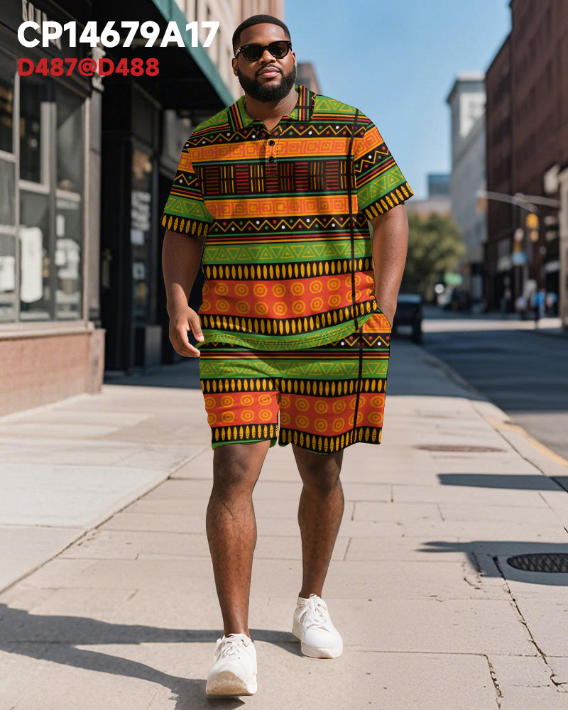 Big & Tall Green Orange Colorblock Polo Shorts Set for big men view 2
