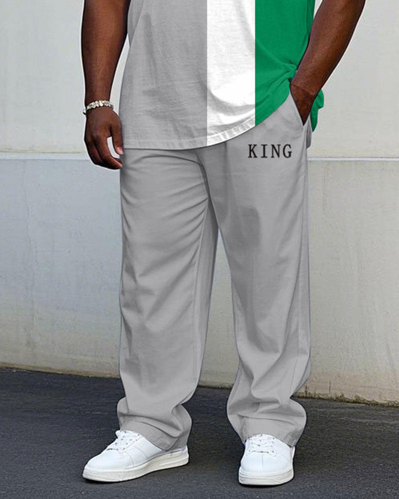 Big & Tall White Green Colorblock T-Shirt Pants Set for big men view 3