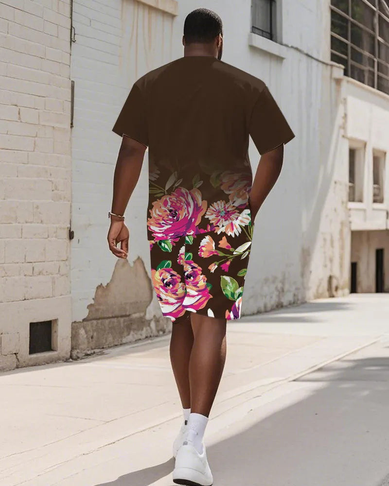 Big & Tall Brown Gradient Graphic T-Shirt Shorts Set for big men view 4