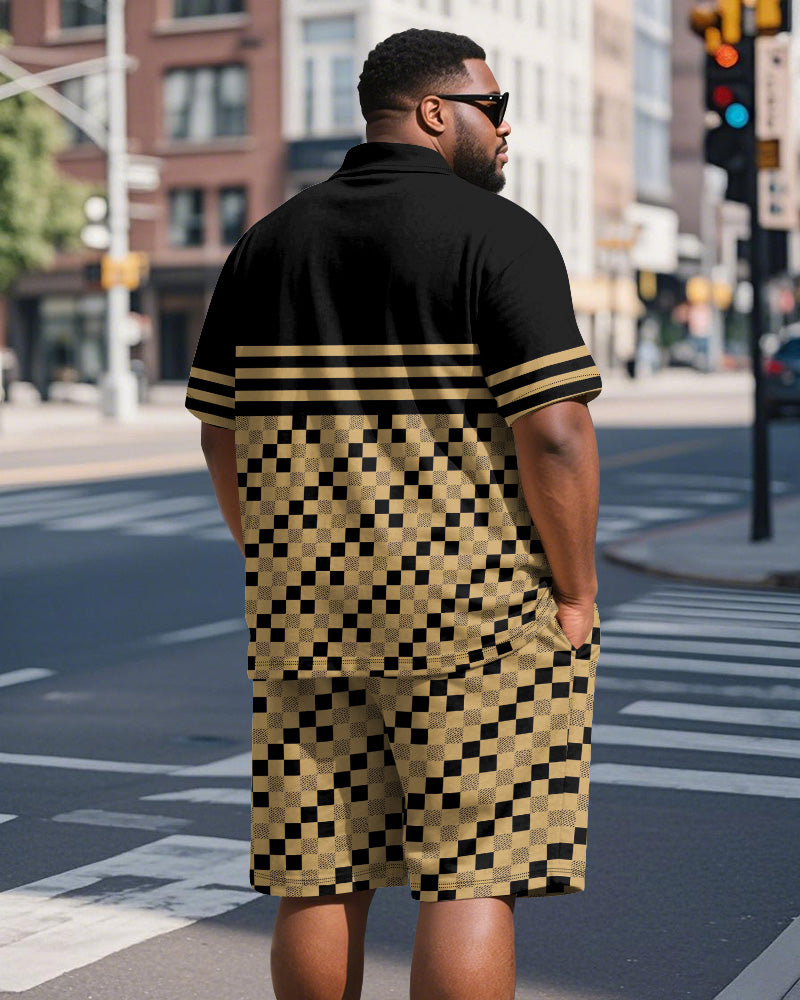 Big & Tall Black Yellow Graphic Polo Shorts Set for big men view 4