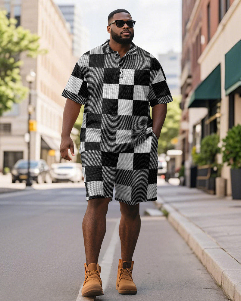 Big & Tall Black Graphic Polo Shorts Set for big men view 1
