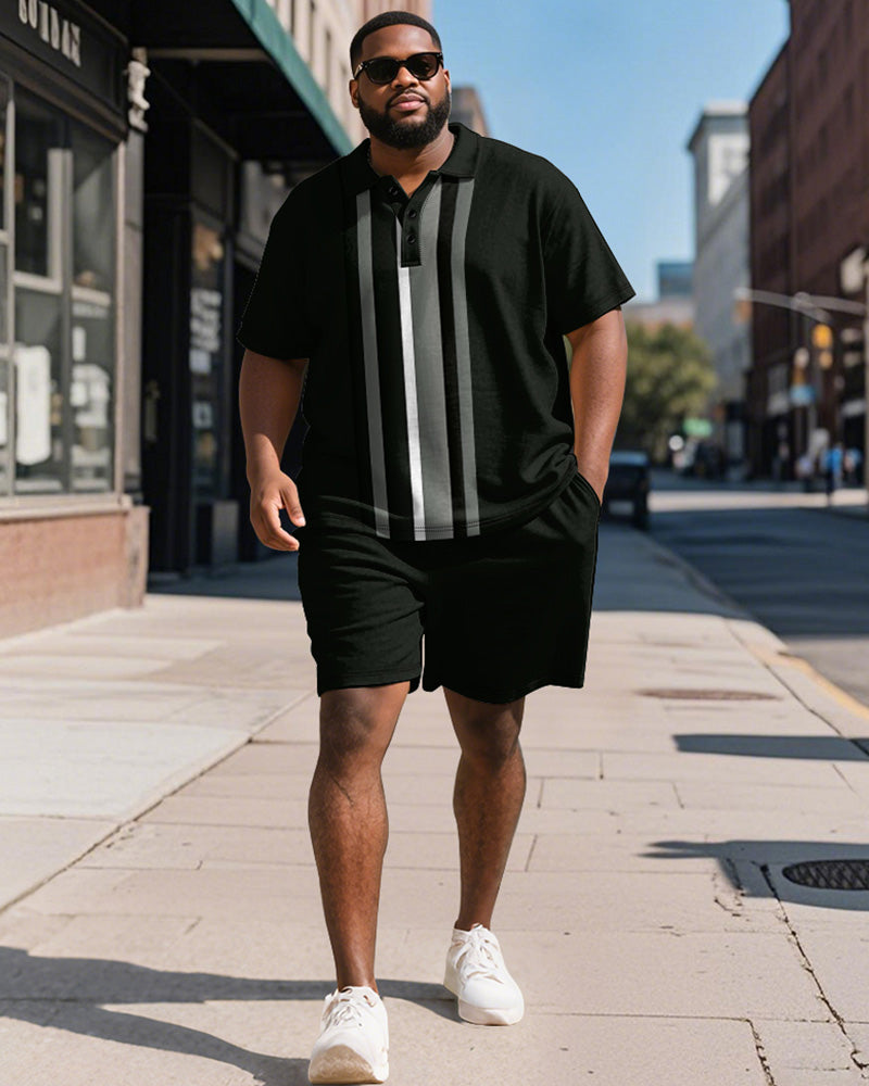 Big & Tall Black Striped Graphic Polo Shorts Set for big men view 1