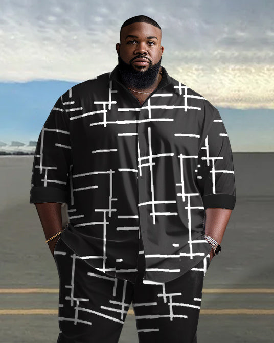 Big & Tall Black Geometric Shirt Pants Set for big men view 2