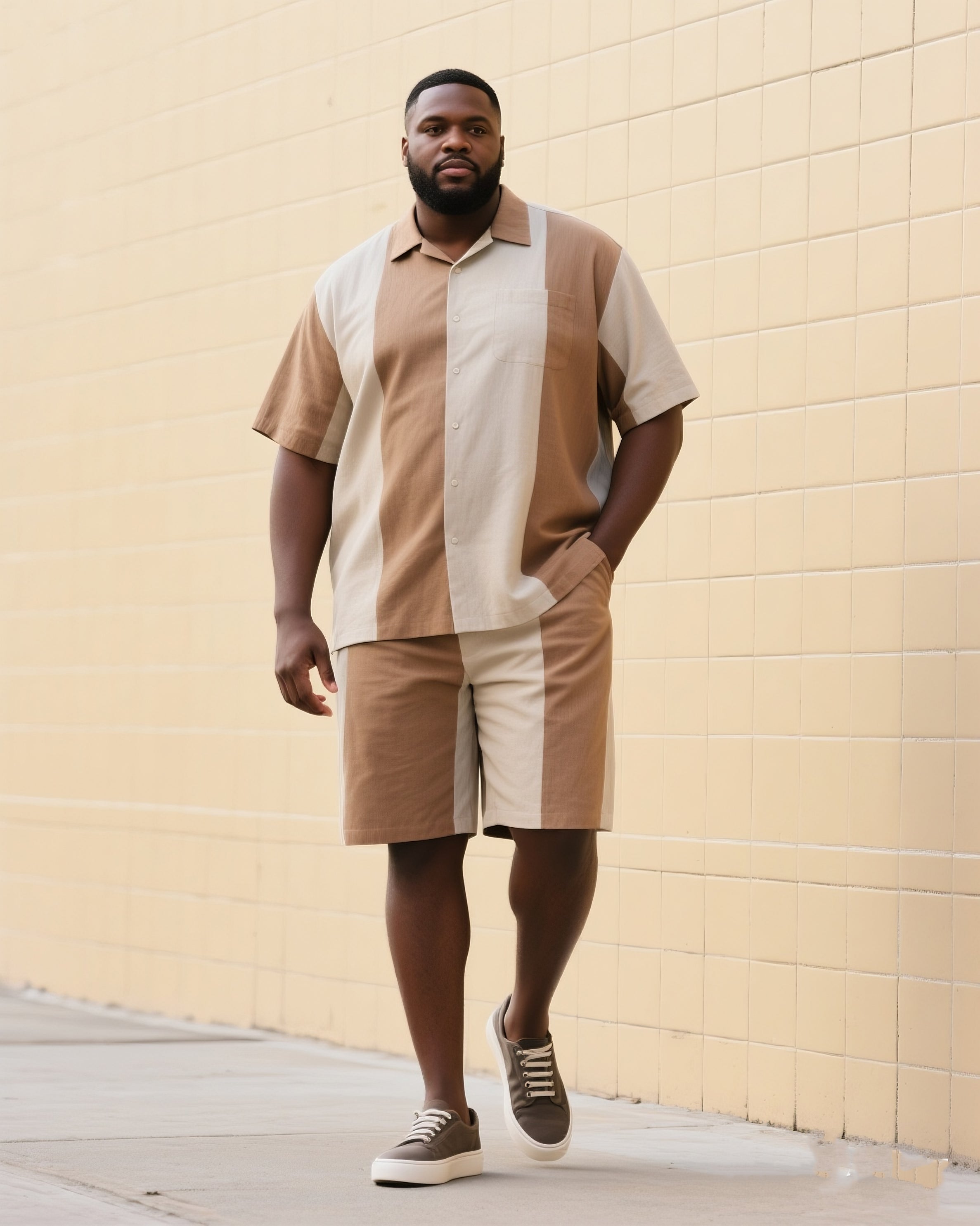 Big & Tall Brown Khaki Striped T-Shirt Shorts Set for big men view 1