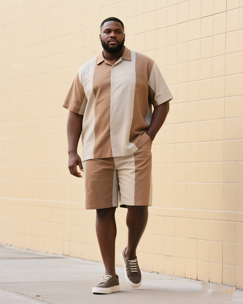 Big & Tall Brown Khaki Striped T-Shirt Shorts Set for big men view 1